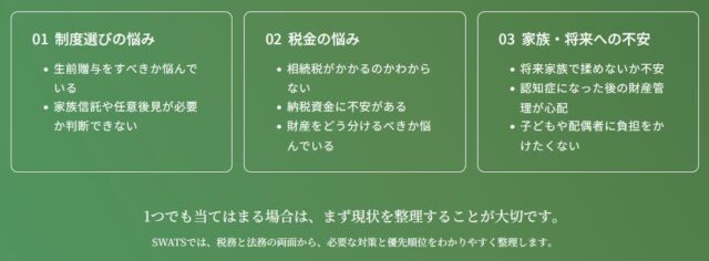 SWATS Consulting Group 生前対策診断サポート 特徴